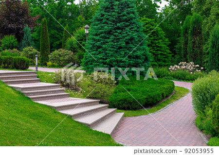stone steps to path from paving slabs in park on slope with ornamental plants, evergreen bushes and trees, backyard landscaping with green lawn place for walk, iron lantern and drain system, nobody. 92053955