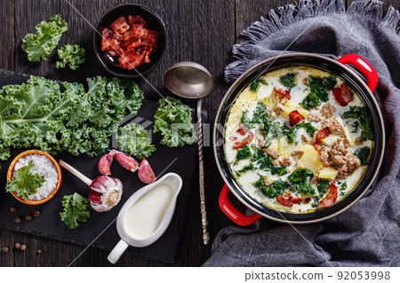 Zuppa Toscana,Tuscan Soup in red pot, top view 92053998