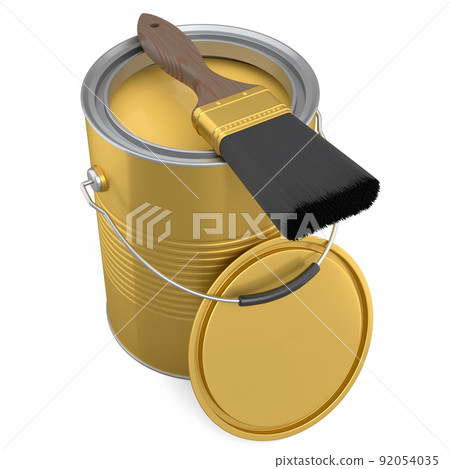 Open metal can or buckets with paint bristle brush on white background. Open metal can or buckets with paint bristle brush on white background. 92054035