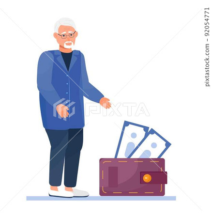Pension, private savings for old age concept vector. An elderly man stands next to a large wallet with banknotes. 92054771