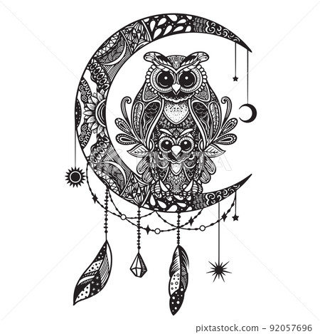 Owl and moon. Hand drawn sketch illustration for adult coloring book Owl and moon. Hand drawn sketch illustration for adult coloring book 92057696