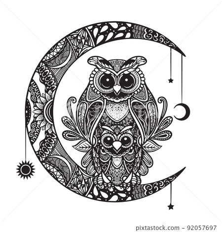 Owl and moon. Hand drawn sketch illustration for adult coloring book Owl and moon. Hand drawn sketch illustration for adult coloring book 92057697