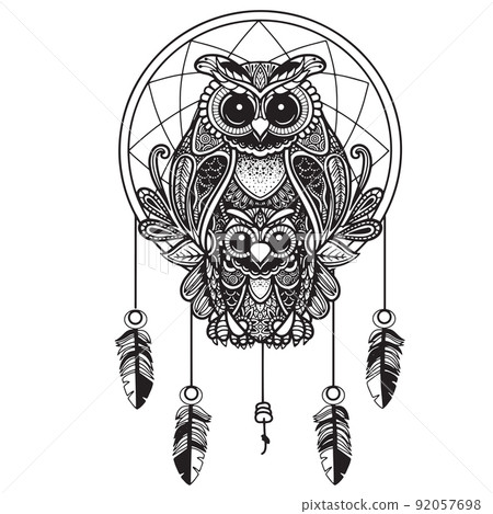 OWL and Dream catcher Black white hand drawn doodle. Ethnic patterned vector illustration. OWL and Dream catcher Black white hand drawn doodle. Ethnic patterned vector illustration. 92057698