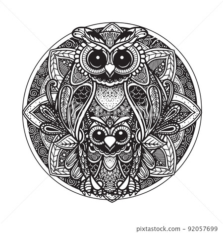 OWL and Black white hand drawn doodle. Ethnic patterned illustration.Coloring book for adult OWL and Black white hand drawn doodle. Ethnic patterned illustration.Coloring book for adult 92057699