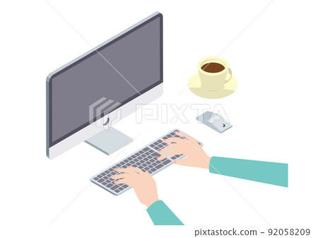 A person doing desk work on an isometric desktop PC A person doing desk work on an isometric desktop PC 92058209