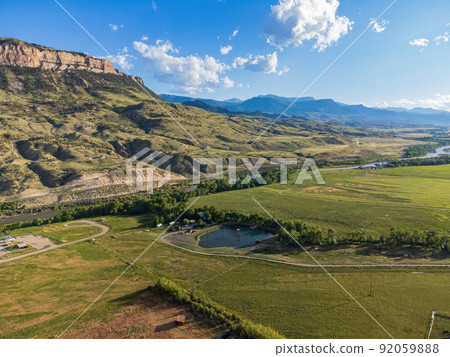 Aerial view of the landscape over Cody rural area 92059888