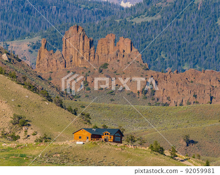 Sunny view of beautiful rural house on mountain 92059981