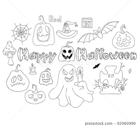 Happy Halloween collection. Linear hand drawn doodle pumpkin Jack, ghost, bat and cobweb, graveyard, grave and magical fly agaric. Vector Isolated elements for decor, design and decoration 92060990