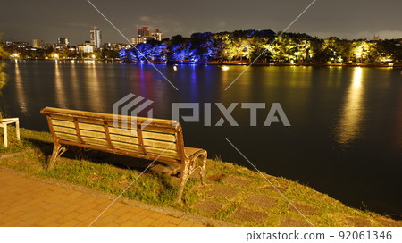 Ohori Park illuminated in the color of the Ukrainian flag in protest of Russia's military invasion of Ukraine 92061346
