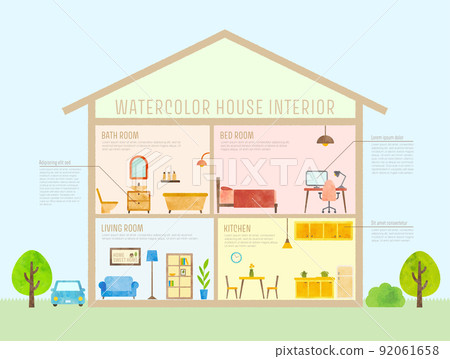 Cross section of a house with a watercolor touch (infographic style) colorful 92061658