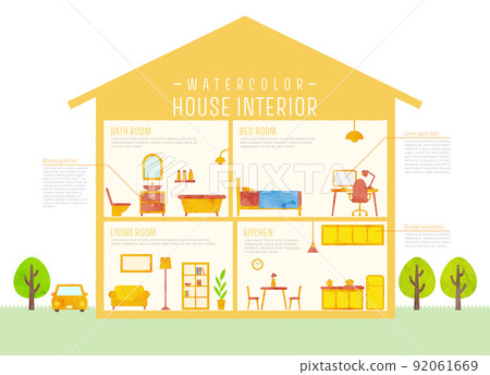 Cross section of a house with a watercolor touch (infographic style) Orange 92061669