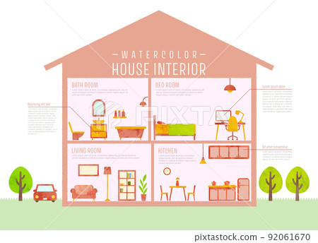 Cross section of a house with a watercolor touch (infographic style) Red 92061670