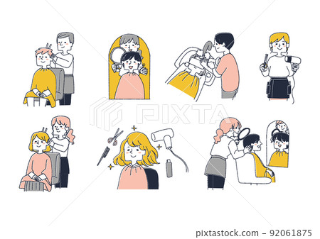 A set of people who enjoy time at a beauty salon, a comical handwritten person vector, a warm line drawing 92061875