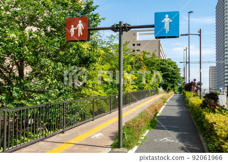 Shinonome, Koto-ku, Tokyo, bicycle lane on the sidewalk 92061966