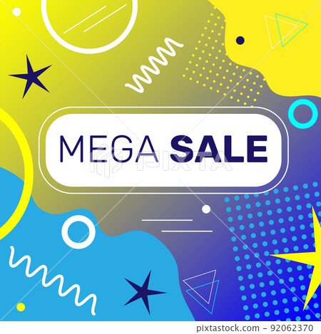 Mega sale banner template design with bright gradient background and geometric elements in memphis style.  92062370
