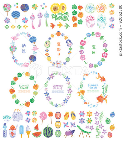 Summer festival Japanese style round frame vertical illustration material set 92062580