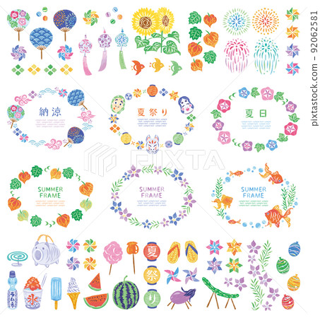 Summer festival Japanese style round frame side illustration material set 92062581