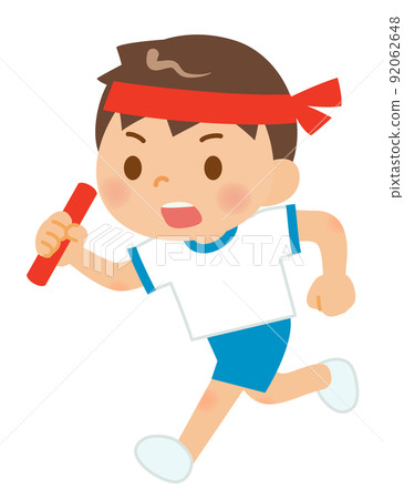 一個男孩拿著接力棒在接力賽中奔跑 一個男孩拿著接力棒在接力賽中奔跑 92062648