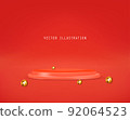 Realistic red product podium on the background with golden shapes Vector 92064523