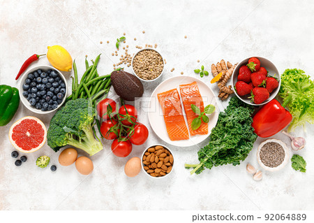 Healthy food. Healthy eating background. Salmon, fruit, vegetable and  berry. Superfood 92064889