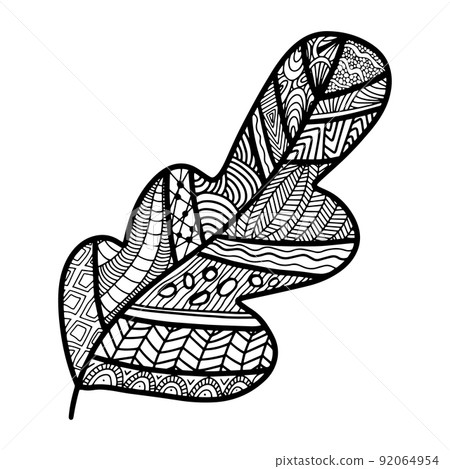 Vector zen tangle and doodle oak leaf. Nature coloring book. Black and white zentangle. Doodle handdrawn illustration Vector zen tangle and doodle oak leaf. Nature coloring book. Black and white zentangle. Doodle handdrawn illustration 92064954