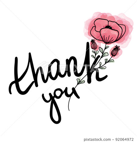 Hand drawn Thank you postcard. Greeting card. Ink illustration on watercolor background. Lettering with flowers 92064972