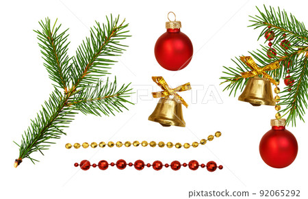 Holiday arrangement and set of red and golden decorations with green twig of Christmas tree isolated on white 92065292