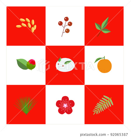 紅色和白色方格背景上設置的新年裝飾圖標 92065387