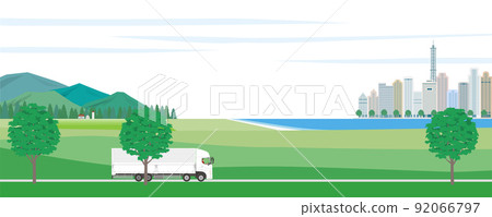 一輛翼卡車在從郊區到城市的道路上行駛的插圖 一輛翼卡車在從郊區到城市的道路上行駛的插圖 92066797