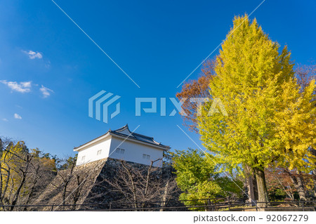 Kameyama City, Mie Prefecture, the old Kameyama Castle's Tamon turret and yellow-leaved ginkgo in autumn Kameyama City, Mie Prefecture, the old Kameyama Castle's Tamon turret and yellow-leaved ginkgo in autumn 92067279
