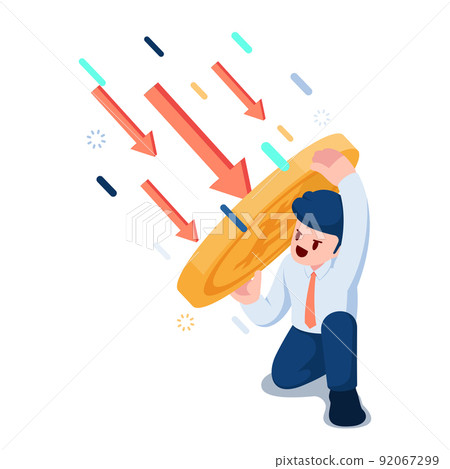 Isometric Businessman Use Bitcoin as a Shield to Protect Him From Falling Arrow 92067299