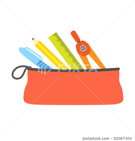 school pencil case with stationery isolated on white 92067303