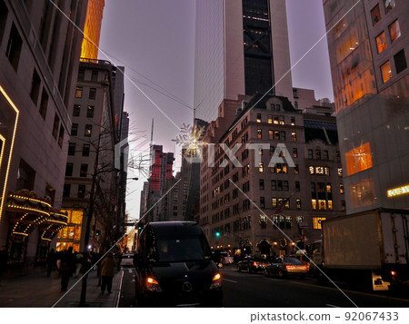 New York Manhattan Fifth Avenue with shining Christmas illuminations at dusk. New York Manhattan Fifth Avenue with shining Christmas illuminations at dusk. 92067433