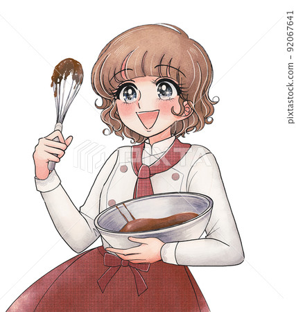 Illustration of a girl making hand-painted cartoon-style Valentine's chocolate 92067641