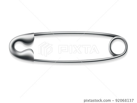 Safety pin icon. Metal sewing tool for fasten pieces of clothing together. Vector design of closed silver or stainless steel safety pin on white background 92068137