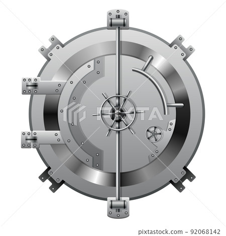 Bank vault door. Metal steel round gate close, isolated mechanism with welds and rivets. Huge metal round safe door. Gate mechanism 92068142