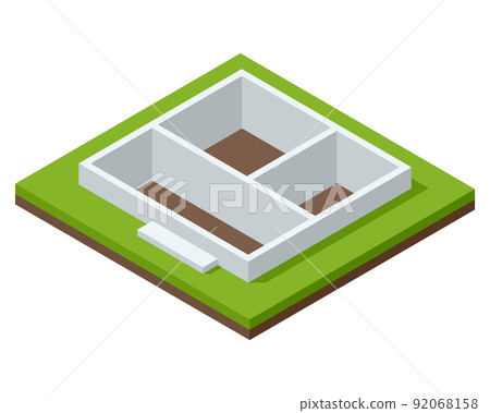 House construction Isometric stage. Visualization of modern building process. Foundation pouring phase House construction Isometric stage. Visualization of modern building process. Foundation pouring phase 92068158