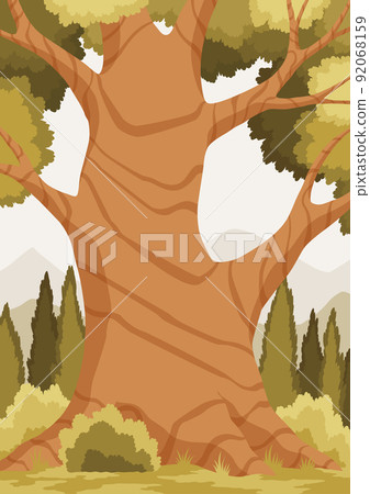Huge forest tree. Place to arranging cozy homes for wiled animals. Deciduous forest plant. Tree with lush crown. Vector Illustration Huge forest tree. Place to arranging cozy homes for wiled animals. Deciduous forest plant. Tree with lush crown. Vector Illustration 92068159