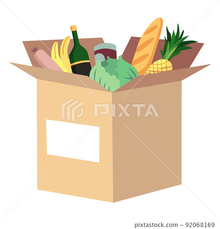 Cardboard donation box full of food. Charity and donate for poor people, help homeless and support needy. Volunteering, social care charity concept. Needed items Cardboard donation box full of food. Charity and donate for poor people, help homeless and support needy. Volunteering, social care charity concept. Needed items 92068169