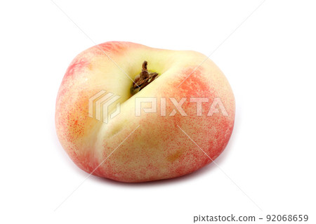 Flat peach (doughnut peach, donut peach, UFO peach, peento peach, saucer peach). Ancient Chinese variety "Pan tao". Delicacy Flat peach (doughnut peach, donut peach, UFO peach, peento peach, saucer peach). Ancient Chinese variety "Pan tao". Delicacy 92068659