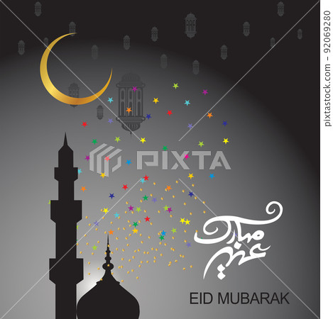 Eid Mubarak with Arabic calligraphy for the celebration of Muslim community festival. 92069280