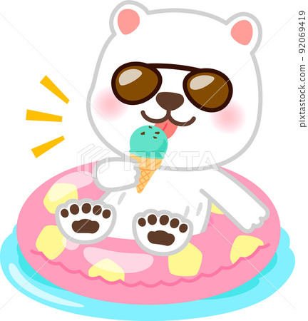 熊角色坐在浮子上吃冰淇淋 熊角色坐在浮子上吃冰淇淋 92069419