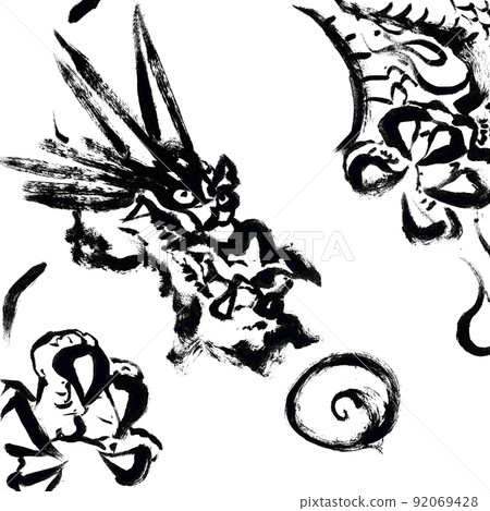 Illustration material of a dragon drawn with ink trying to grab a ball Illustration material of a dragon drawn with ink trying to grab a ball 92069428
