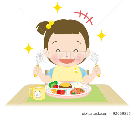 Little girl eating rice happily 92069835