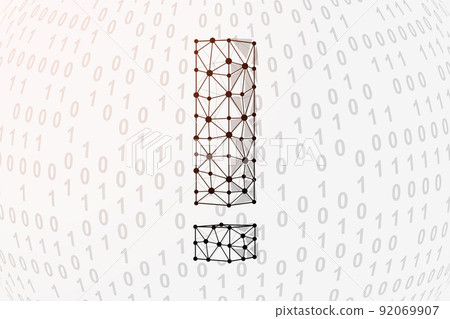 Exclamation mark 3d low poly symbol with binary code background. Alert design vector illustration. Attention polygonal symbol with connected dots 92069907