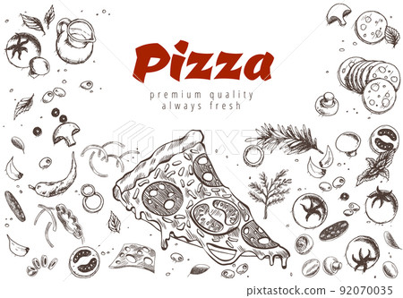 Pizza line banner. Engraved style doodle background. Savoury pizza ads. Tasty vector banner for cafe, restaurant or food delivery service 92070035