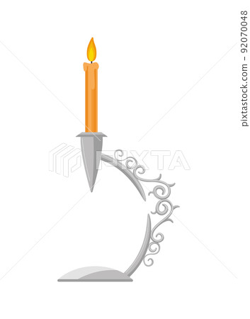 Candlestick. Vintage candelabrum with burning wax candle flame. Elegant old-fashioned holder or metallic lamp icon illustration for interior design. Antique candle Candlestick. Vintage candelabrum with burning wax candle flame. Elegant old-fashioned holder or metallic lamp icon illustration for interior design. Antique candle 92070048
