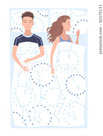 Sleep peoples on bed. Characters lying posture during night slumber. Top view asleep couple at bedroom. Female and male night dream position Sleep peoples on bed. Characters lying posture during night slumber. Top view asleep couple at bedroom. Female and male night dream position 92070131