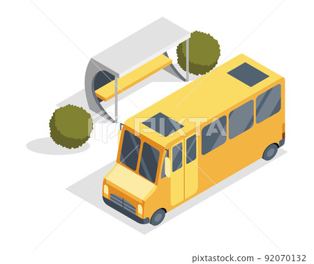City transport isometric. Waiting station without people. Public urban transportation infographic illustration.Town traffic. Vector modern 3d concept. Bus stop isolated on white background 92070132