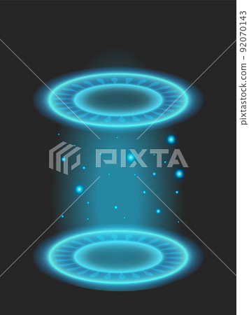 Teleport with blue glow rays with sparks. Neon energy circles, portal podium. Light futuristic digital wrap or fantasy glowing hologram. Vector vertical space tunnel with luminous beams 92070143